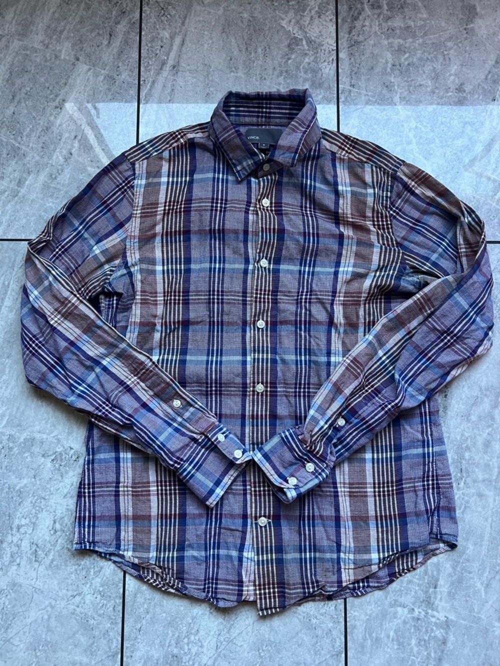 Vince Mens Red/Navy Multi-Tonal Plaid Long Sleeve ButtonUp Casual Shirt Sz M